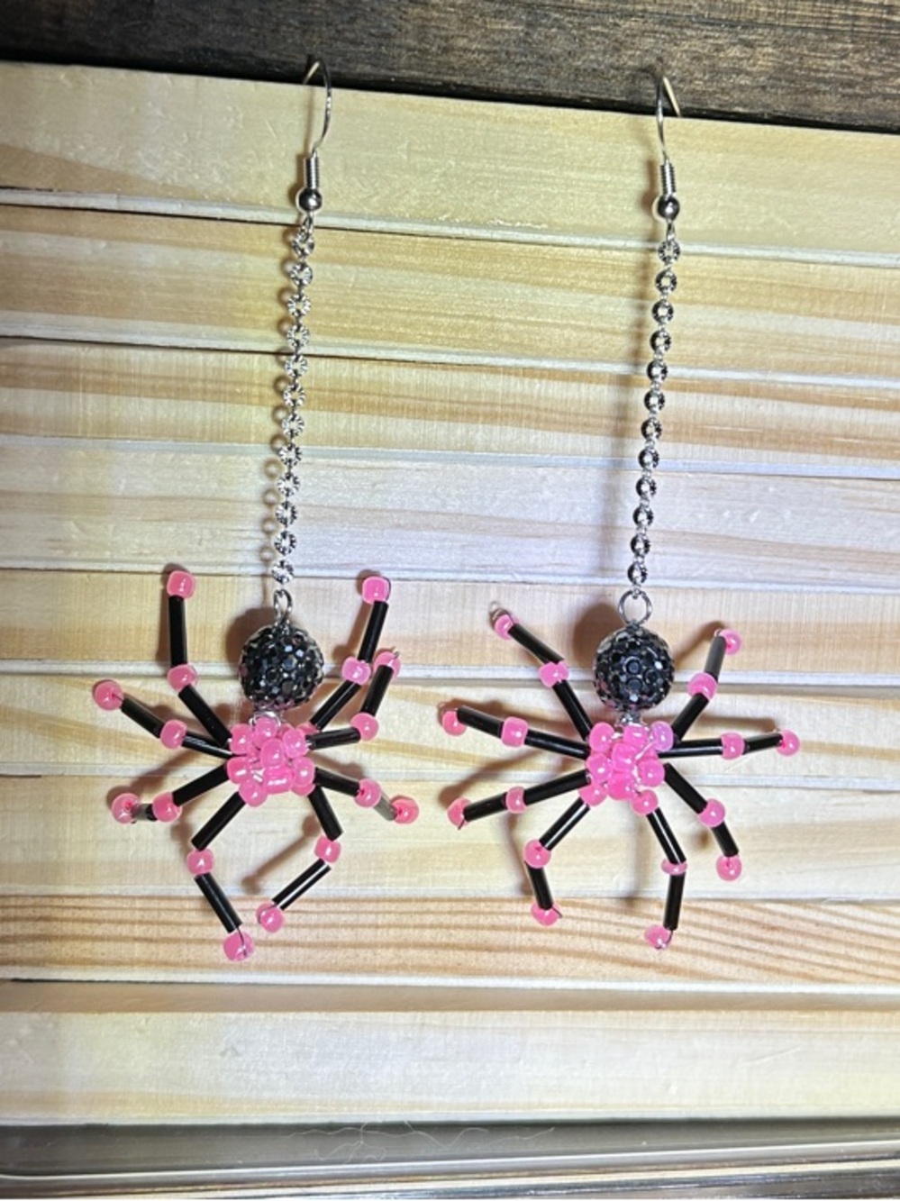3/$25 Pink Beaded Spider Dangle Earrings